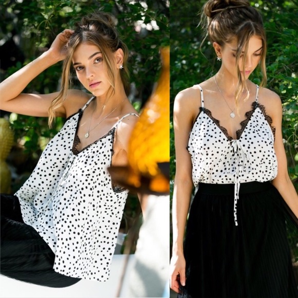 NEW! Polka Dot Scalloped Mesh Lace Silk Top - Picture 3 of 7